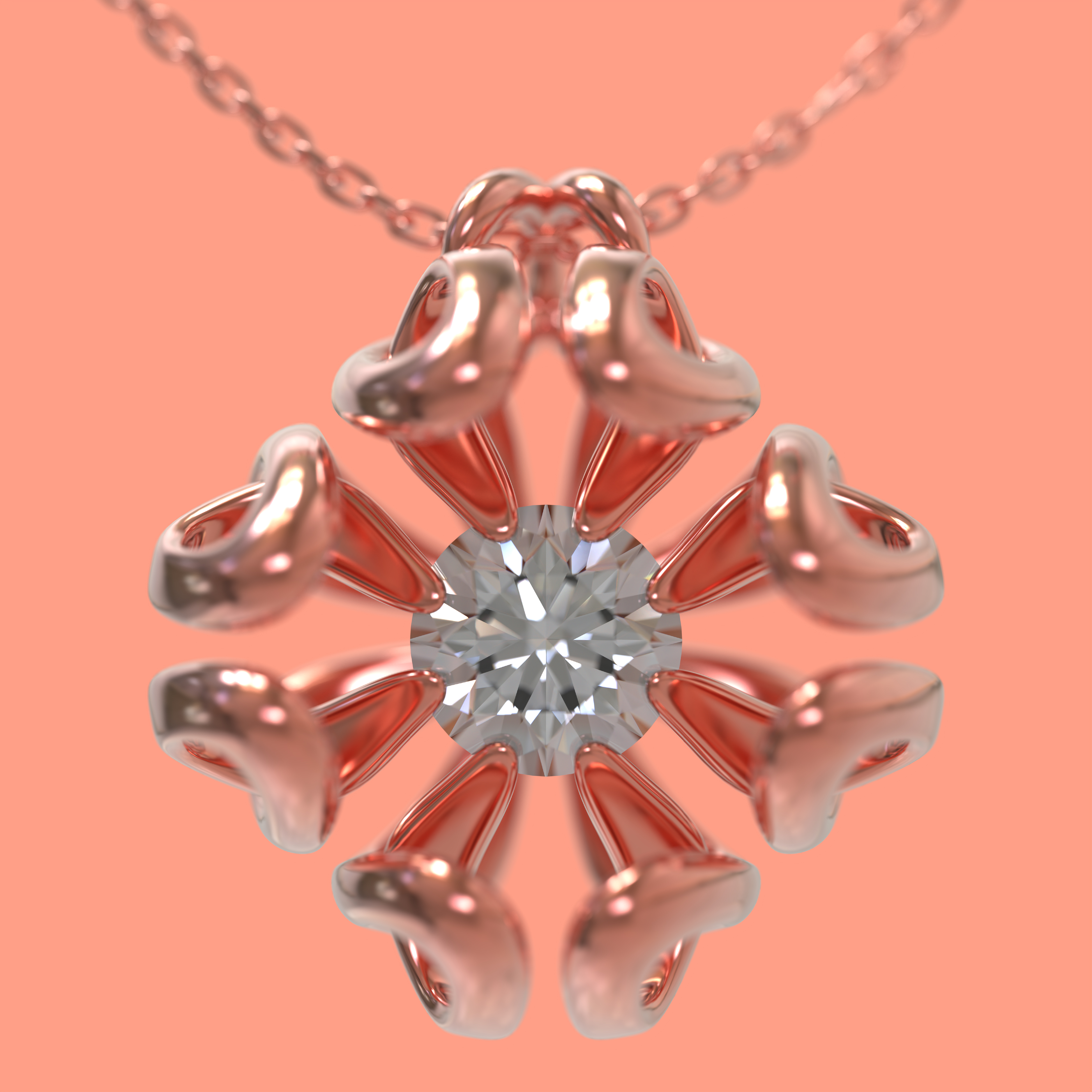 Product only — rose gold pendant on coral background